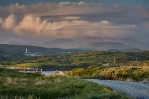 Rolling hills near Clifden Village, Co. Galway under stormy skies