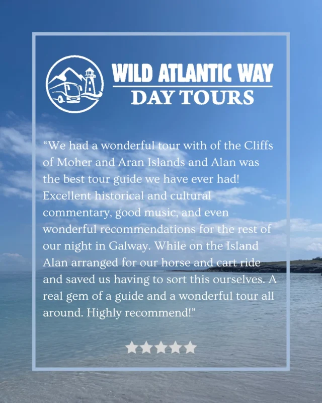 We’re thrilled to share this glowing Google review from Carrie Ann Hummel, who recently joined our Cliffs of Moher & Aran Islands Tour with the amazing Alan as her guide! 

 #thisisireland #galwayIreland #irelandtravel #Galway #GalwayIreland #real_ireland #tourismireland #ThisIsGalway #GuidedTour #WildAtlanticWay #DayTours #GalwayTourism #DiscoverGalway #inisoirr #doolinireland #visitdoolin #VisitGalway #ThingsToDoInGalway #burren #clare #galwaycity #irishtourism #enjoyireland #lovegalway  #daytoursfromgalway